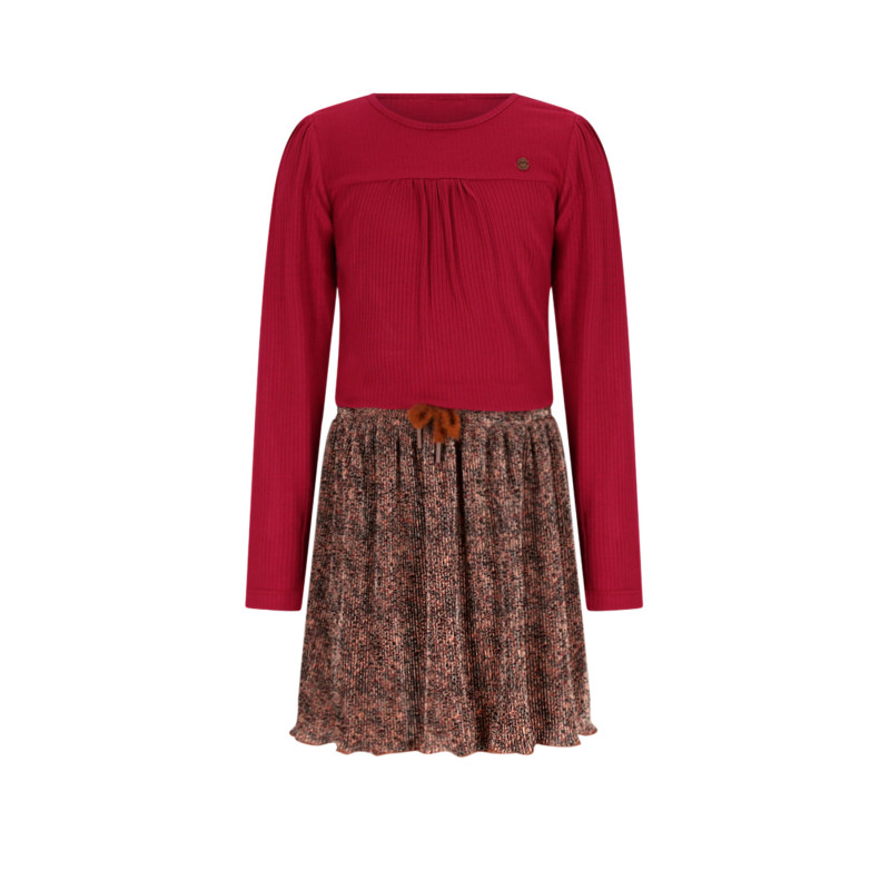 NoNo Morly Combi Dress with RibJersey top+plissee AOP Leopard Skirt Taupe
