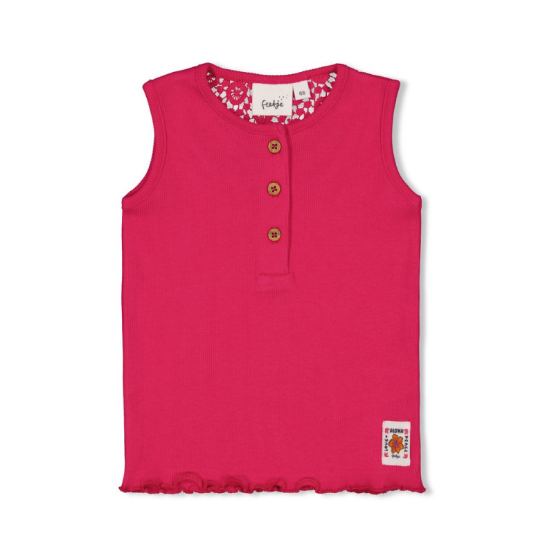 Feetje Singlet rib met crochet rugdetail - Love Peace Aloha Fuchsia
