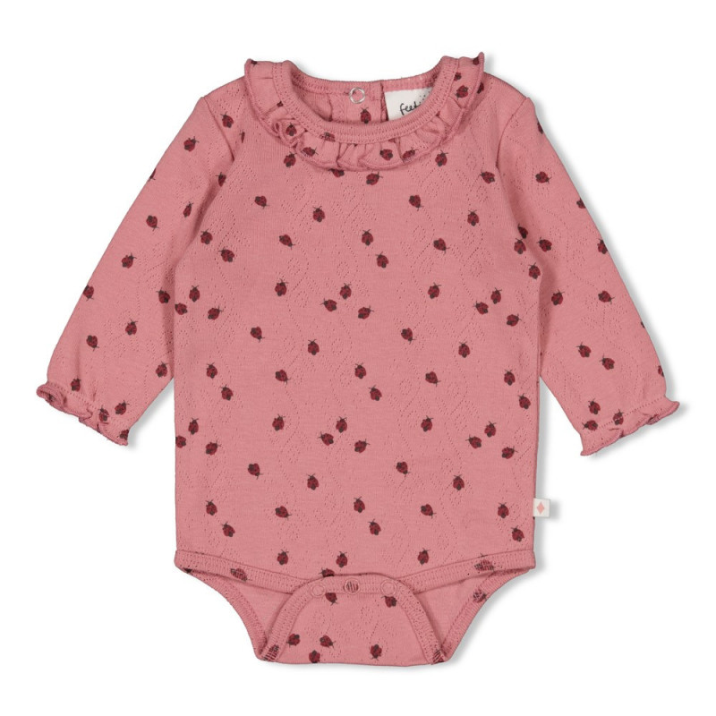 Feetje Romper ajour rib AOP - Ladybug Roze