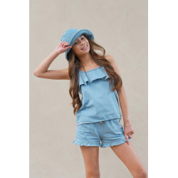 Like Flo Fiona Flo girls chambrey short with ruffle hem lt denim